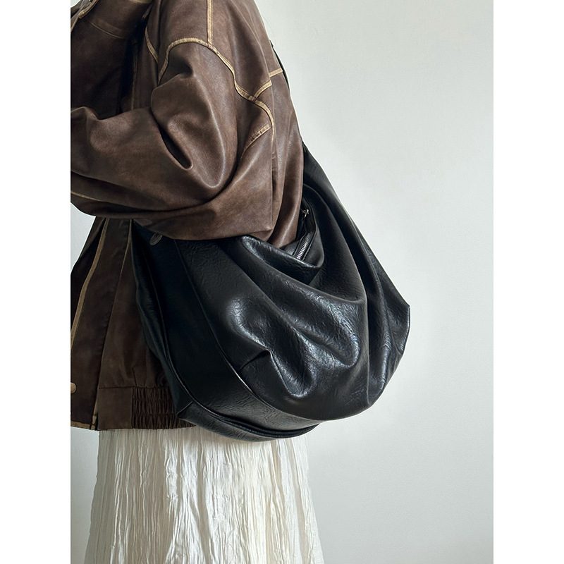 Black Soft Leather Dumpling Tote Bag view 4