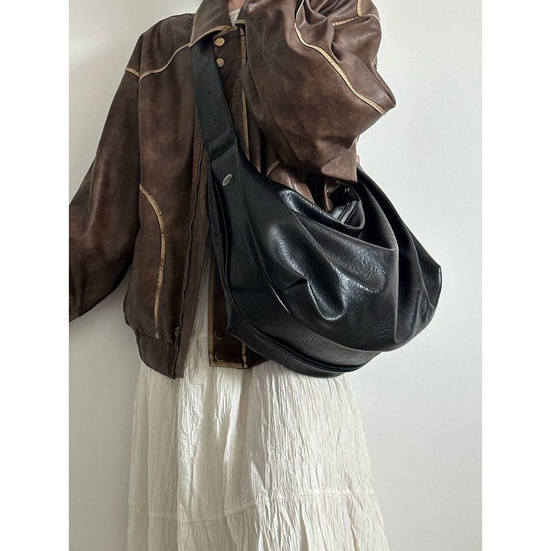Black Soft Leather Dumpling Tote Bag view 6