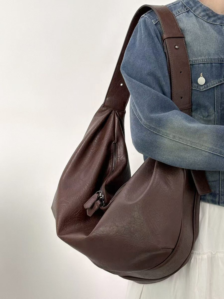 Black Soft Leather Dumpling Tote Bag view 7