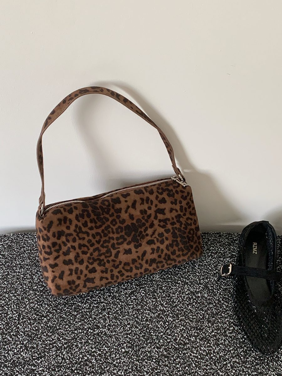 Matte Suede Leopard Crossbody Top-Handle Bag