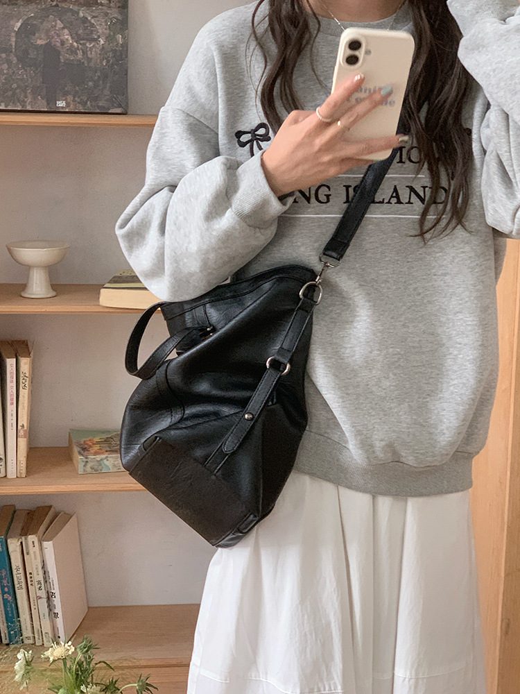 Women's Black Soft Leather Tote Crossbody Bag view 4