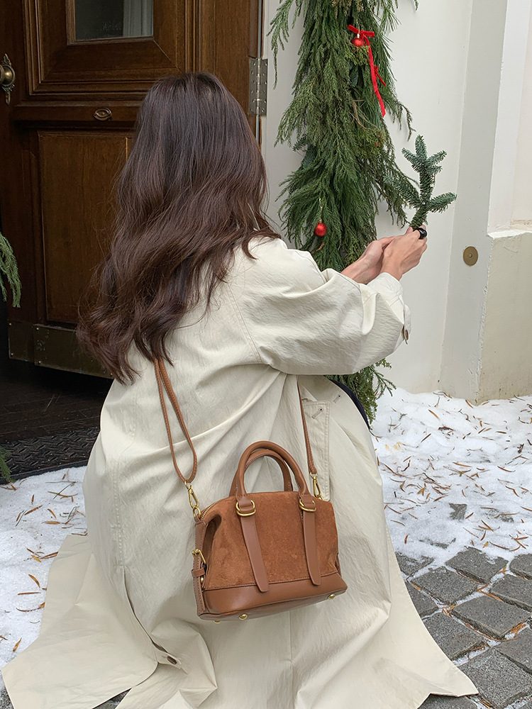 Women's Brown Suede Bowling Crossbody Bag view 2