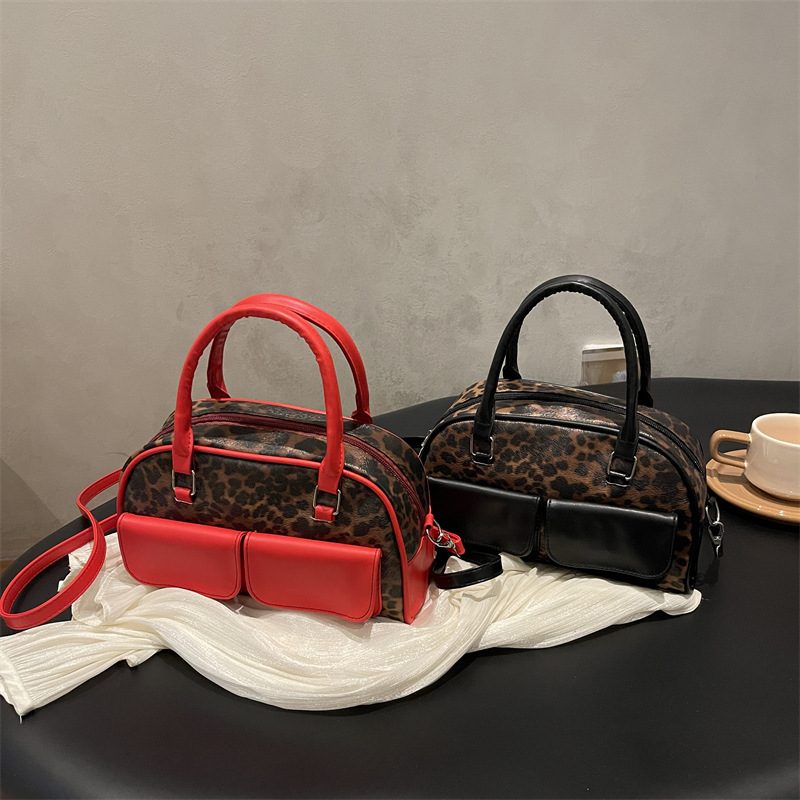 Leopard Print Patchwork Top-Handle Crossbody Bag