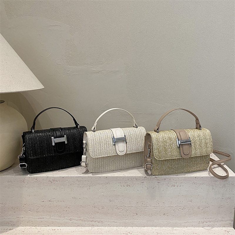 Woven Color-Block Straw Small Square Crossbody