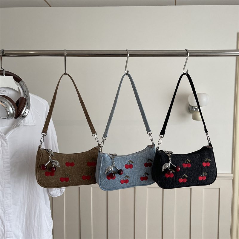 Vintage Cherry Denim Boston Crossbody Bag
