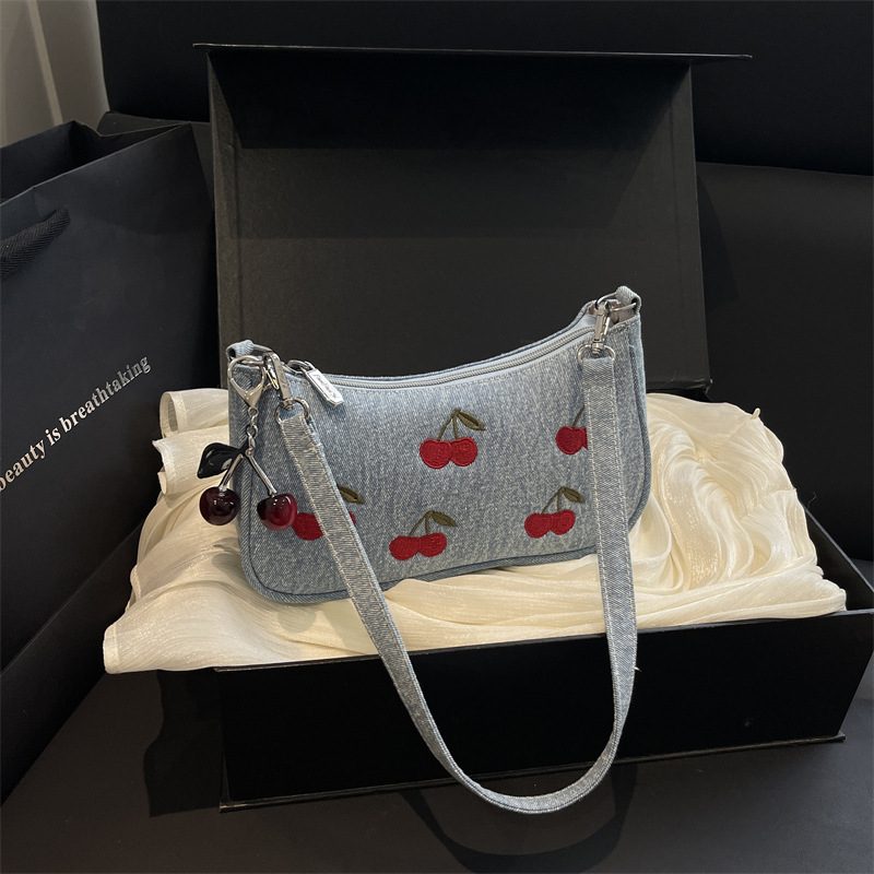 Vintage Cherry Denim Boston Crossbody Bag view 2