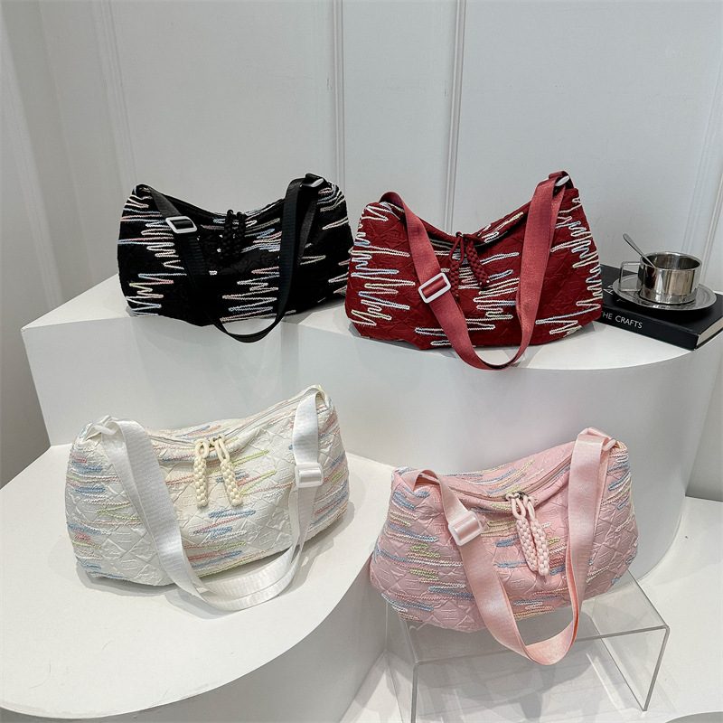 Striped Embroidered Canvas Dumpling Crossbody Bag