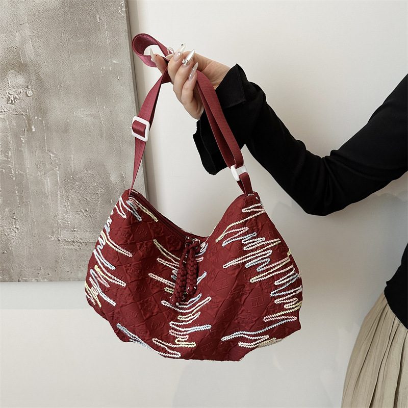 Striped Embroidered Canvas Dumpling Crossbody Bag view 3