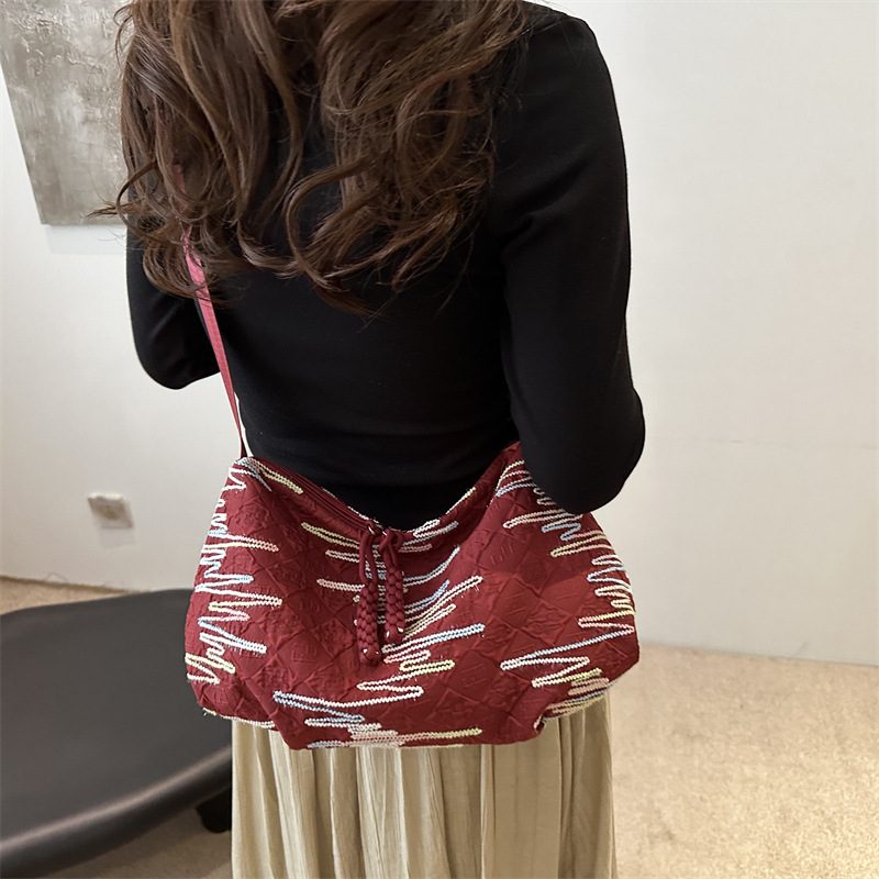 Striped Embroidered Canvas Dumpling Crossbody Bag view 4