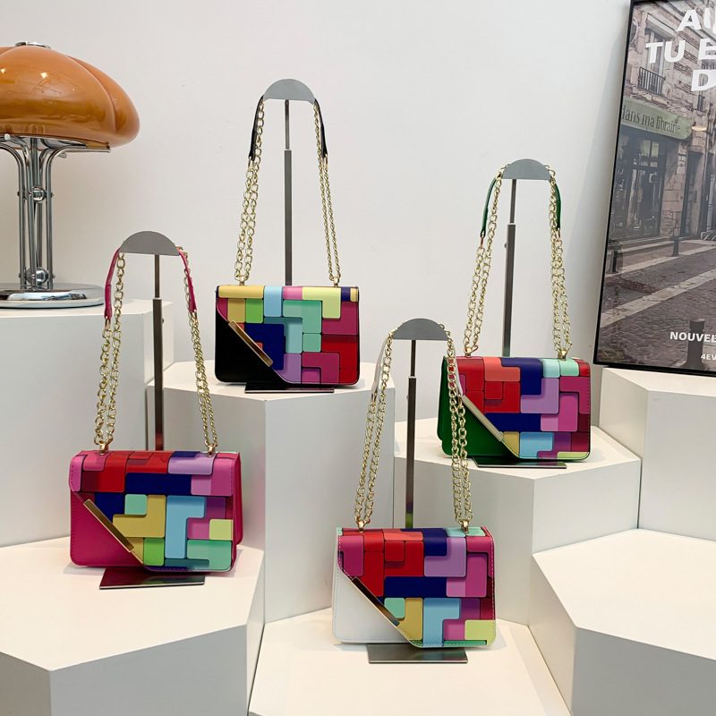 Color Block Chain Small Square Crossbody Bag