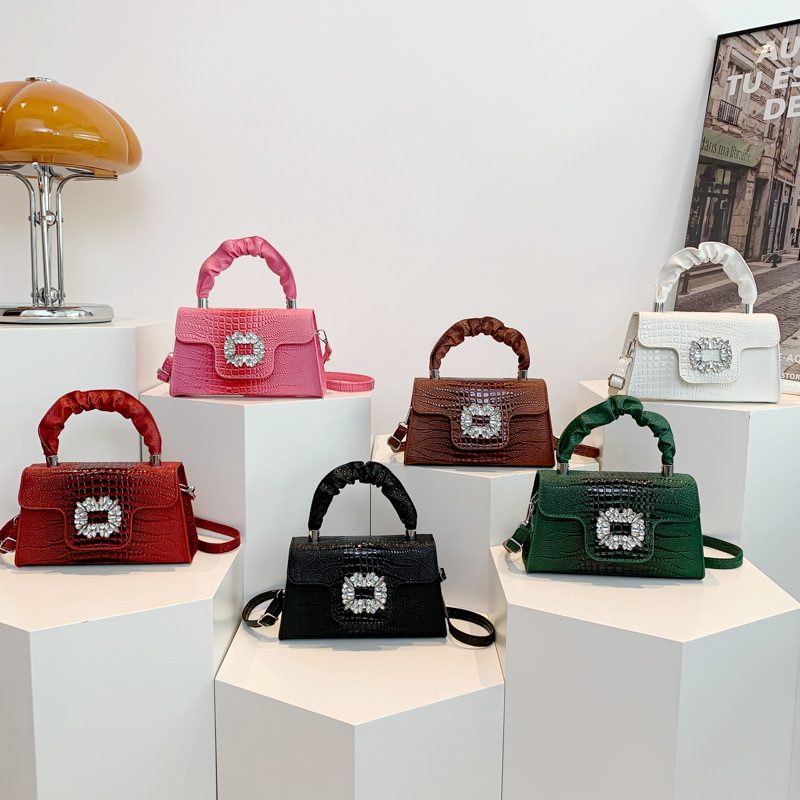 Crocodile Embossed Rhinestone Small Square Crossbody Bag