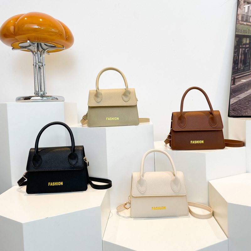 Letter Litchi Grain Top-Handle Crossbody Bag