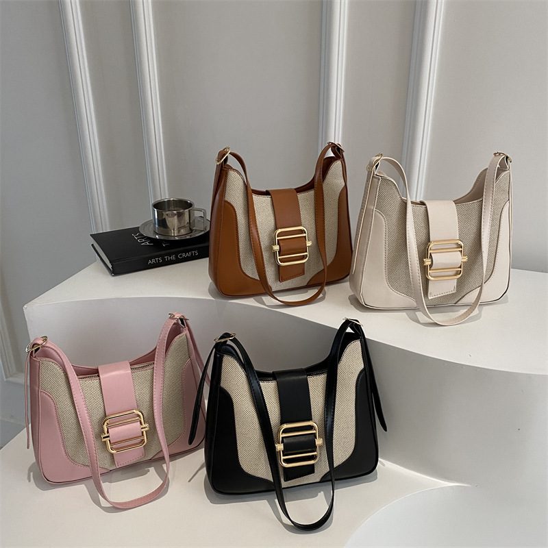 Vintage Color Block Belt Buckle Crossbody Bag