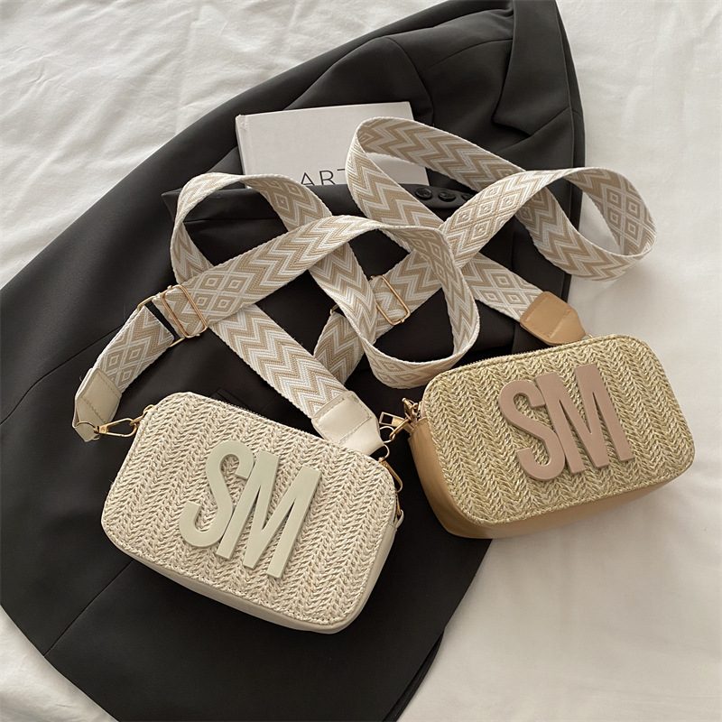 Straw Woven Embroidered Square Crossbody Bag