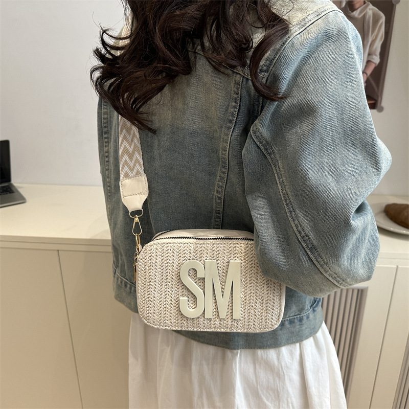 Straw Woven Embroidered Square Crossbody Bag view 4