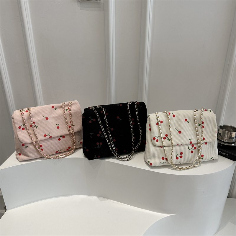 Corduroy Cherry Print Chain Crossbody Bag