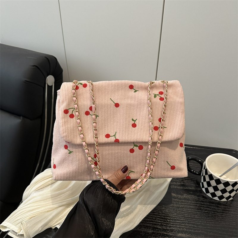 Corduroy Cherry Print Chain Crossbody Bag view 2