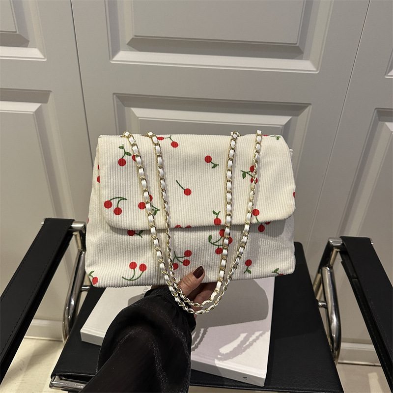 Corduroy Cherry Print Chain Crossbody Bag view 4