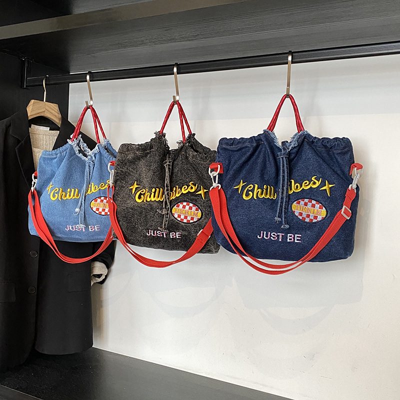 Denim Embroidered Large Tote Bag