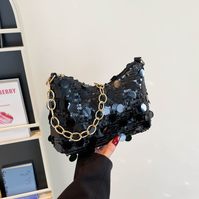 Sequin Crescent Chain Crossbody Dumpling Bag