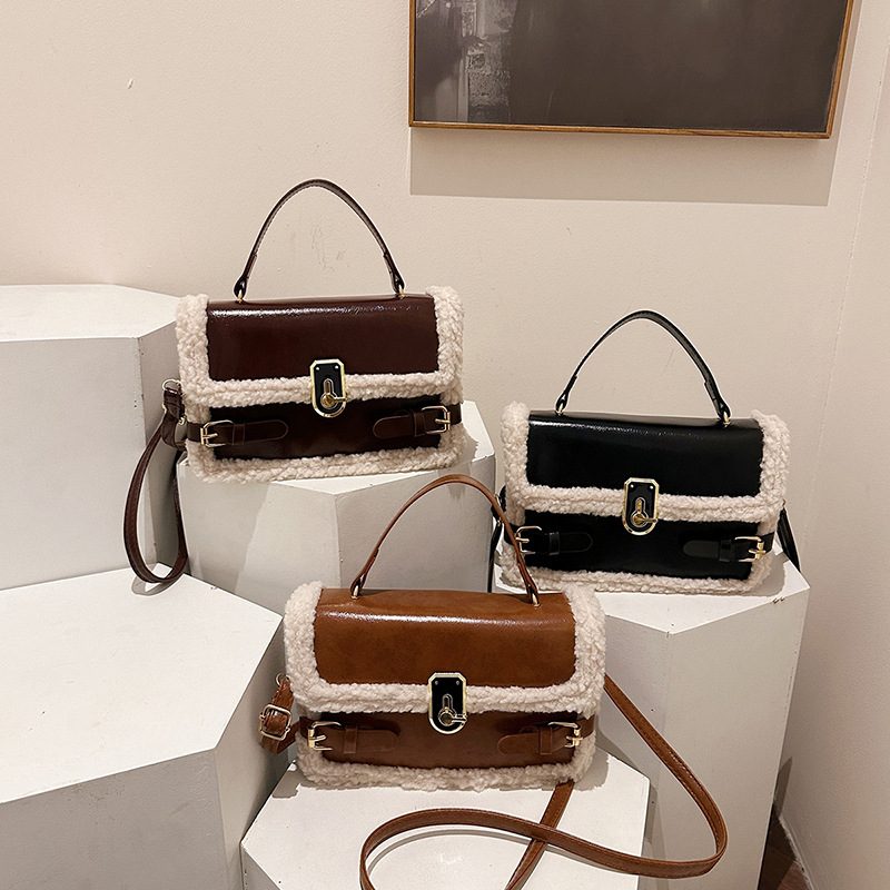 Quilted Lock Spliced Crossbody Top-Handle Bag