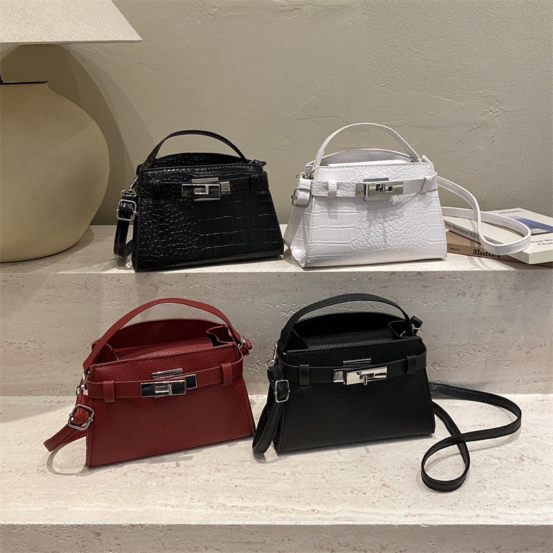 Solid Color Lock Small Square Top-Handle Shoulder Bag