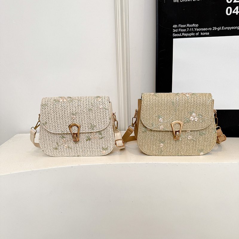 Floral Embroidered Straw Quilted Crossbody Bag