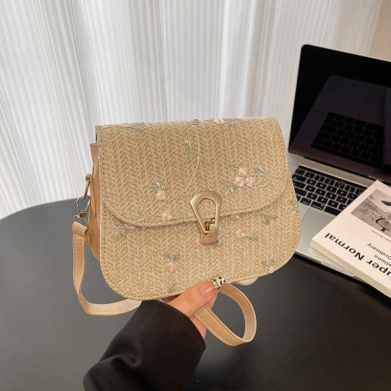 Floral Embroidered Straw Quilted Crossbody Bag view 3