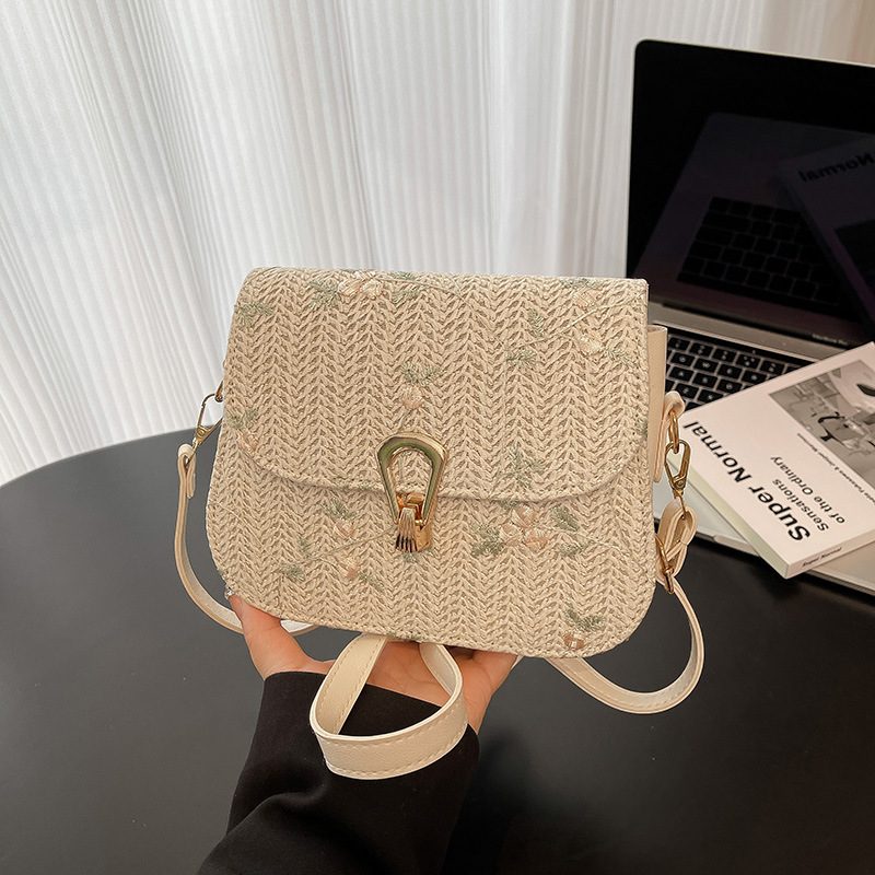 Floral Embroidered Straw Quilted Crossbody Bag view 4