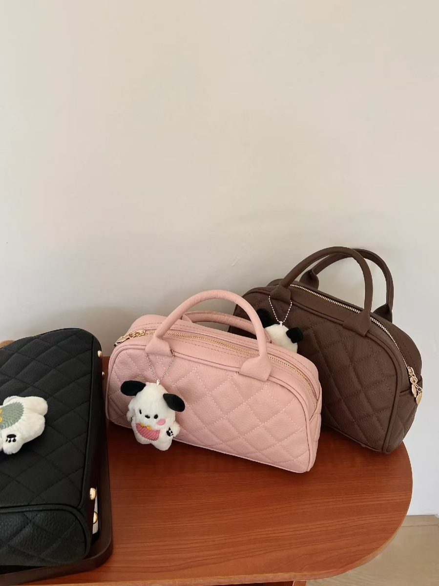 Quilted Embroidered Small Bowling Top-Handle Bag