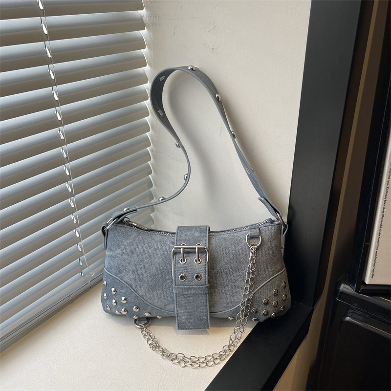 Vintage Studded Denim Baguette Shoulder Bag