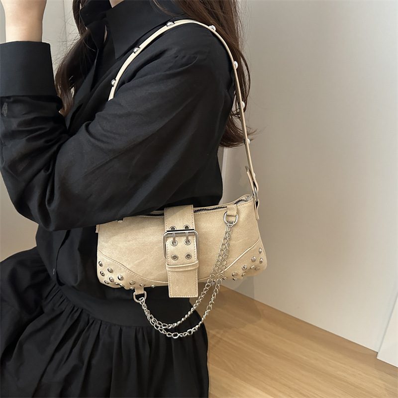 Vintage Studded Denim Baguette Shoulder Bag view 2