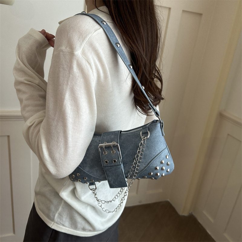 Vintage Studded Denim Baguette Shoulder Bag view 3