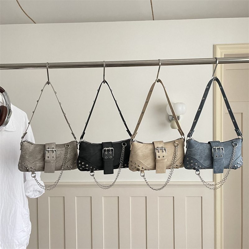 Vintage Studded Denim Baguette Shoulder Bag view 4