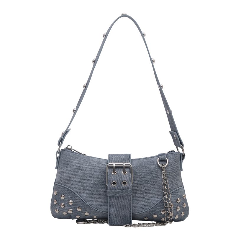 Vintage Studded Denim Baguette Shoulder Bag view 6