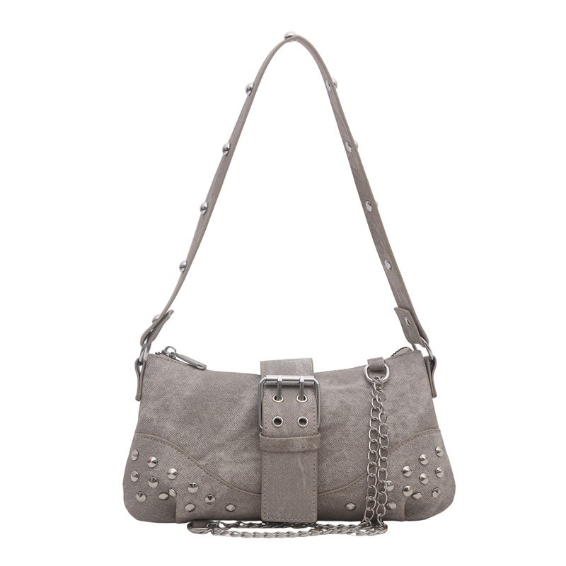 Vintage Studded Denim Baguette Shoulder Bag view 7