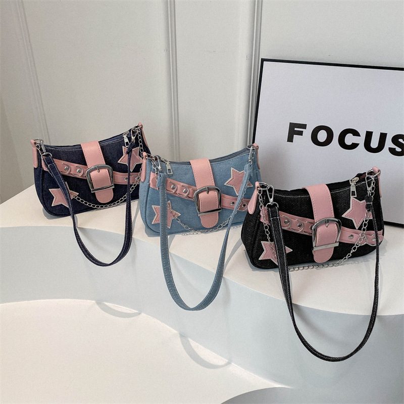 Color Block Denim Chain Shoulder Bag