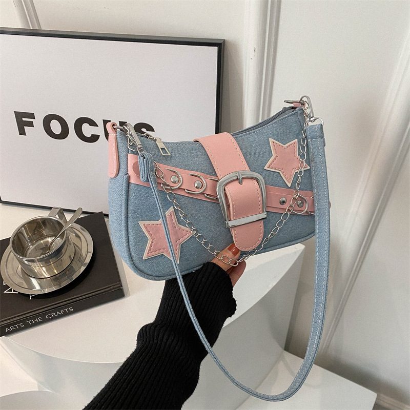 Color Block Denim Chain Shoulder Bag view 3