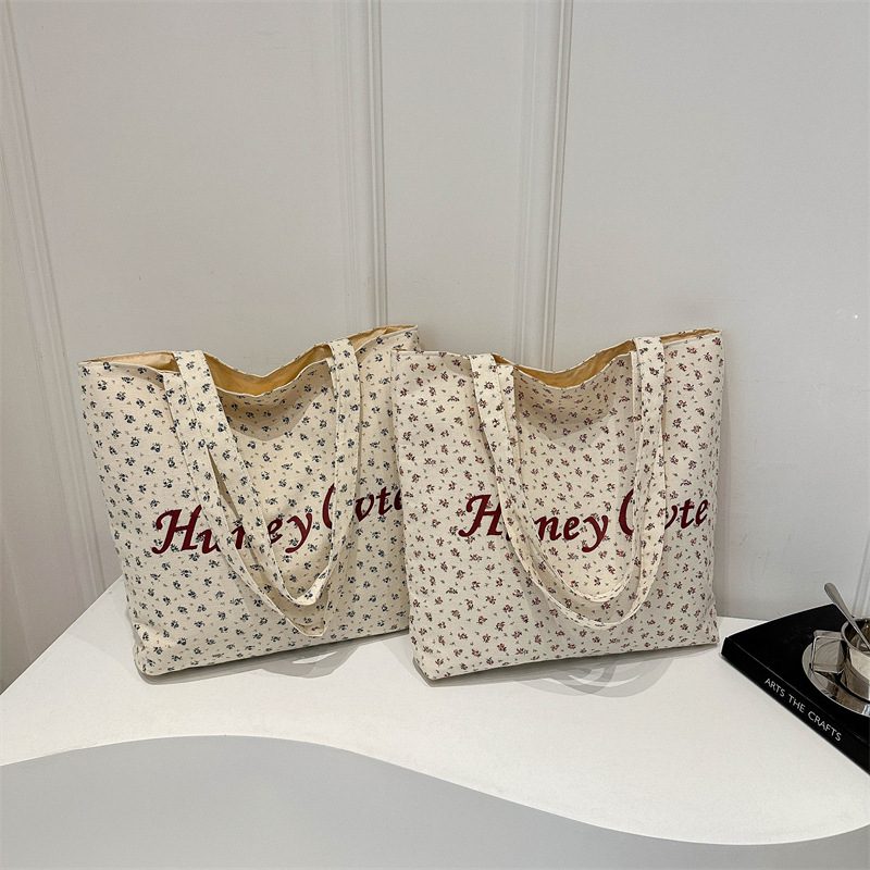 Floral Letter Print Canvas Shoulder Bag