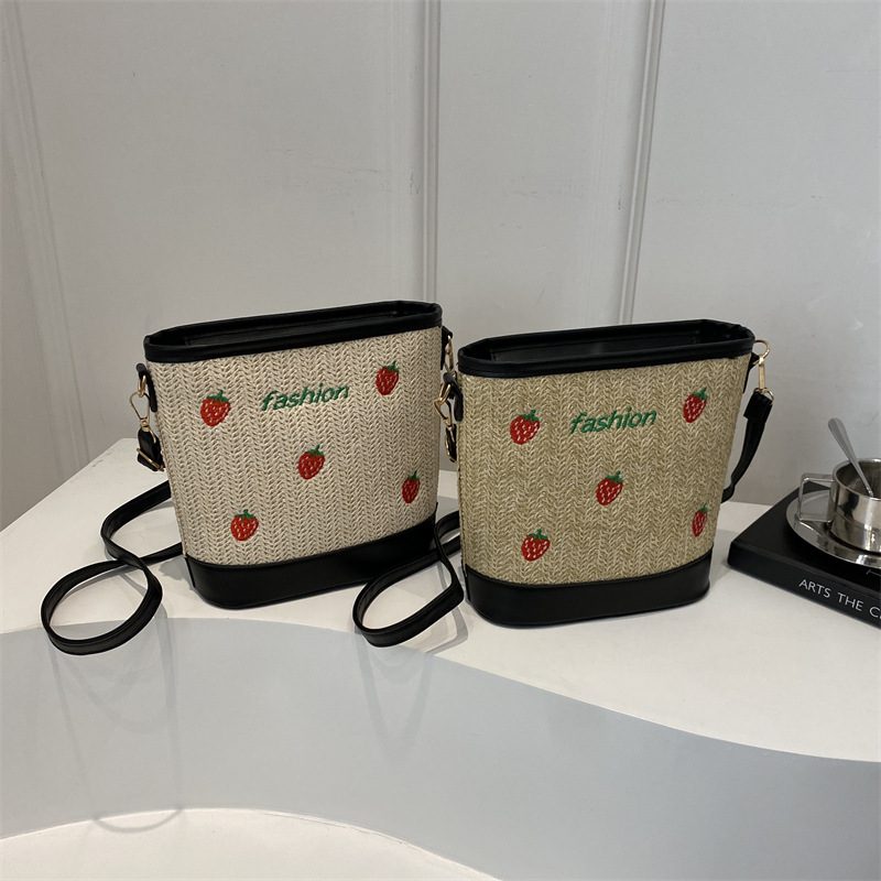 Woven Straw Strawberry Embroidered Shoulder Bag