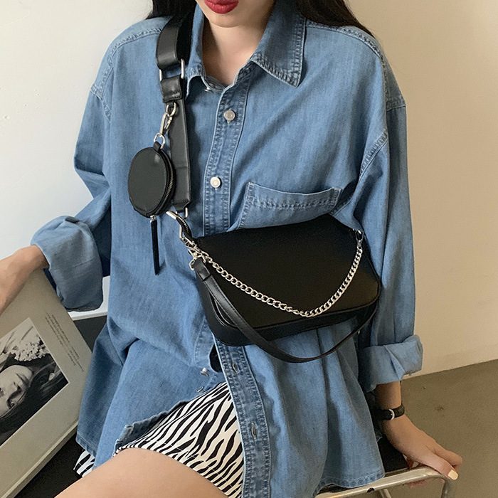 Chain Three-in-One Hobo Baguette Shoulder Bag view 4