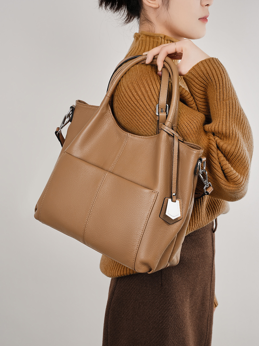 YY-TOT-034 cowhide premium commute mom tote in khaki — wholesale premium mom tote YANYAN
