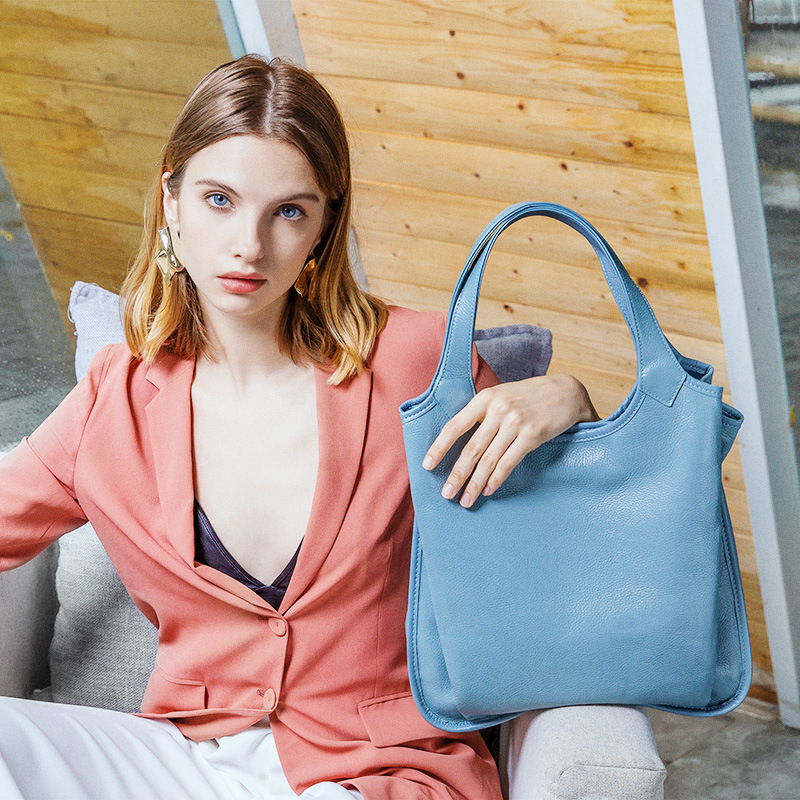 YY-TOT-035 cowhide euro statement tote in blue — wholesale euro statement tote YANYAN