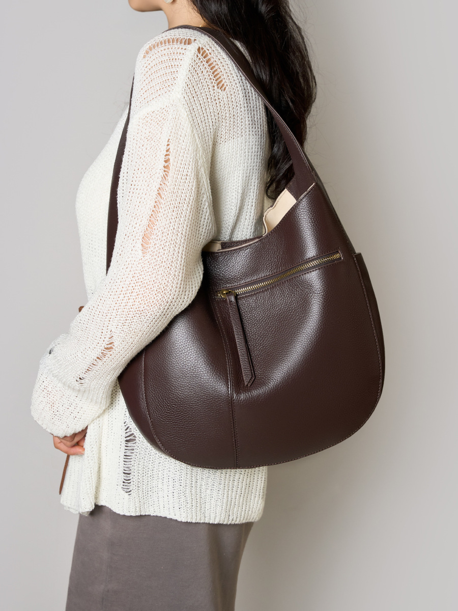 YY-TOT-039 cowhide premium crescent shoulder tote in coffee — wholesale crescent tote YANYAN