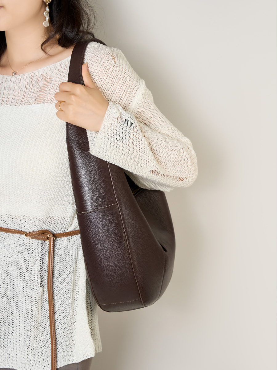 Premium Cowhide Crescent Shoulder Tote — Tall Two-Colour view 2