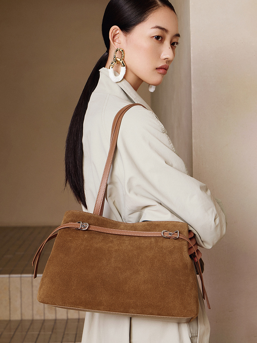 YY-TOT-044 suede vintage large tote in apricot — wholesale suede vintage tote YANYAN