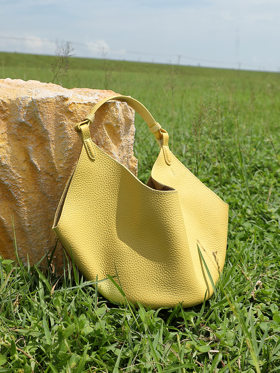 TC-Cowhide Asymmetric Market-Basket Tote — Lemon Yellow Two-Colour view 4
