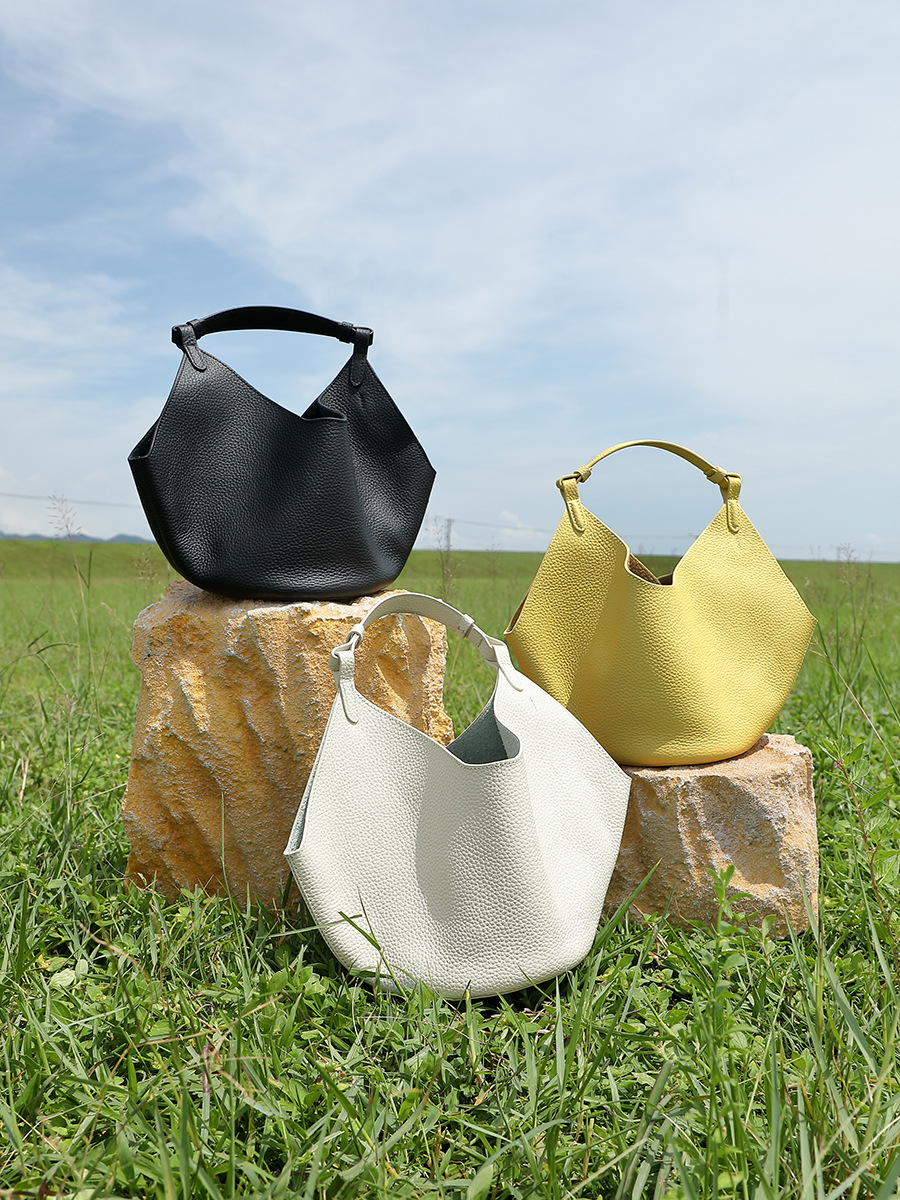 TC-Cowhide Asymmetric Market-Basket Tote — Lemon Yellow Two-Colour view 5