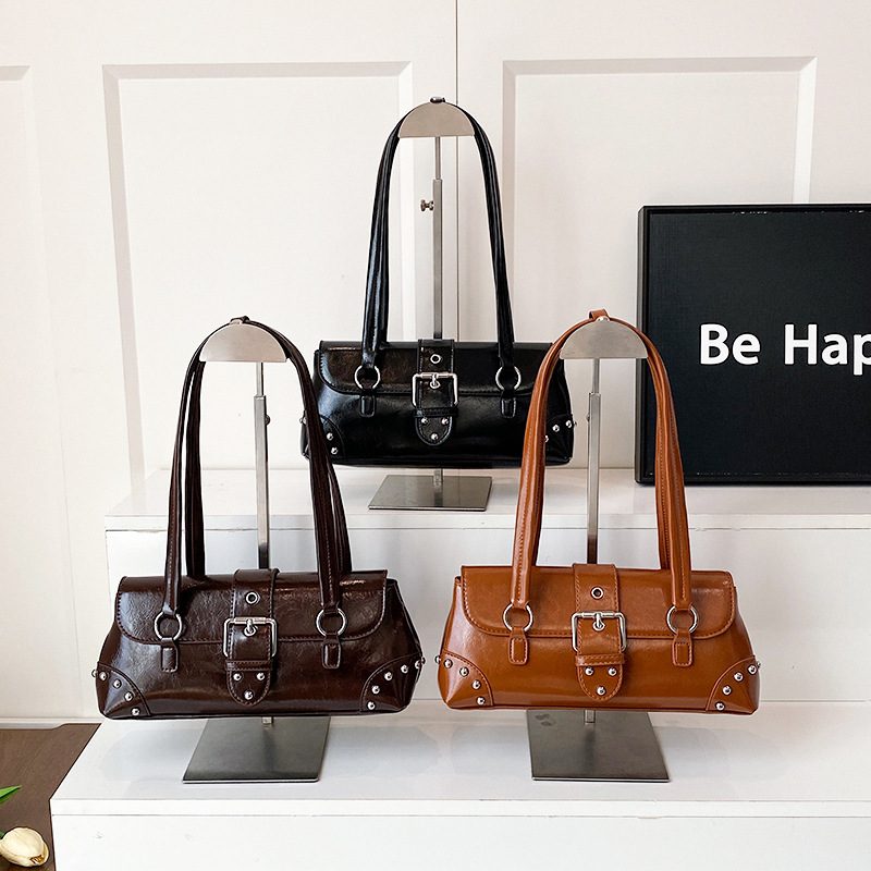 Waxed Leather Rivet Top-Handle Shoulder Bag