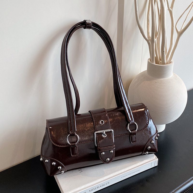 Waxed Leather Rivet Top-Handle Shoulder Bag view 3